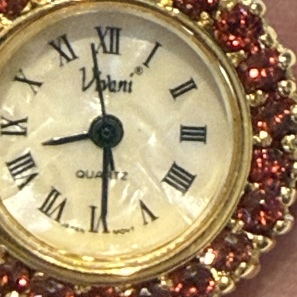 Vivani Red Rhinestone Floral Bracelet Watch Gold Tone Quartz Japan Movement